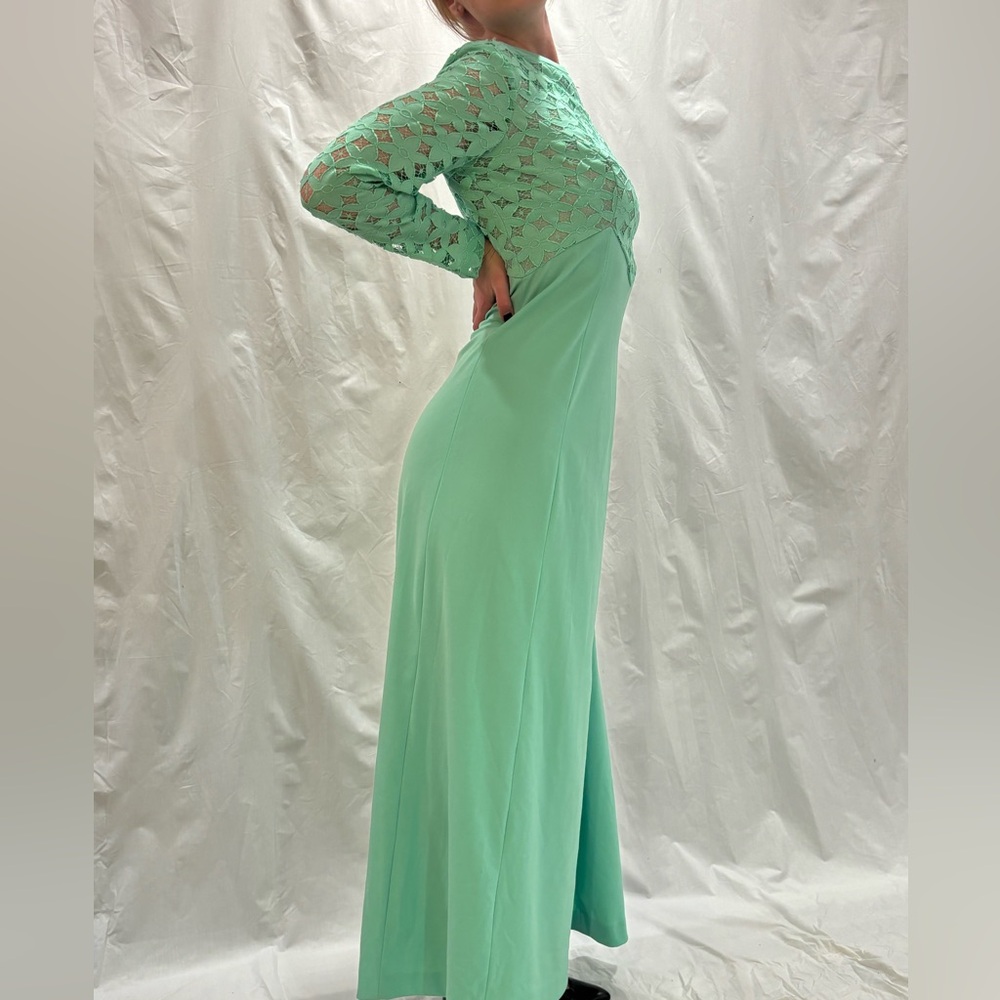 70s Aqua Long Sleeve Maxi Dress